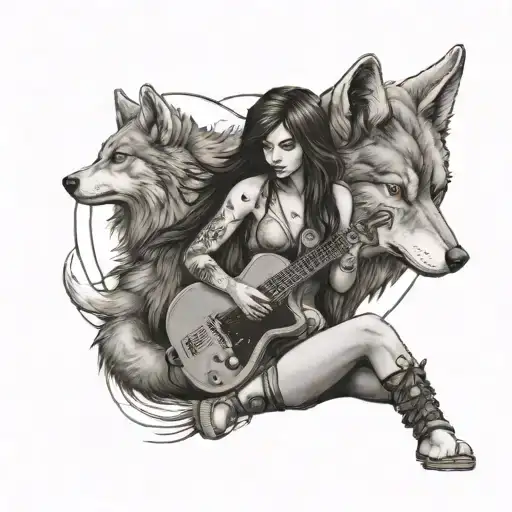 A Fierce Warrior Girl Playing A Guitar With A Wolf By Her Side