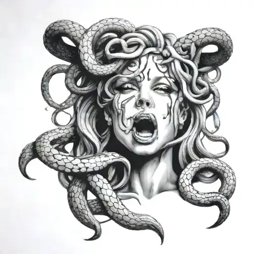 A Medusa Tattoo With The Snakes Strangling Her And Blood Coming Out Of Her Mouth