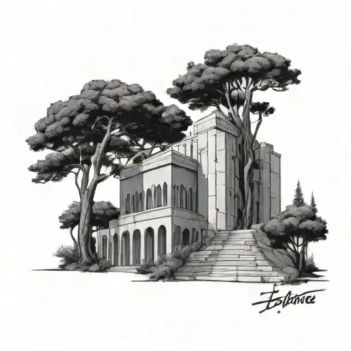 Lebanese Architecture With Cedar Tree In The Background