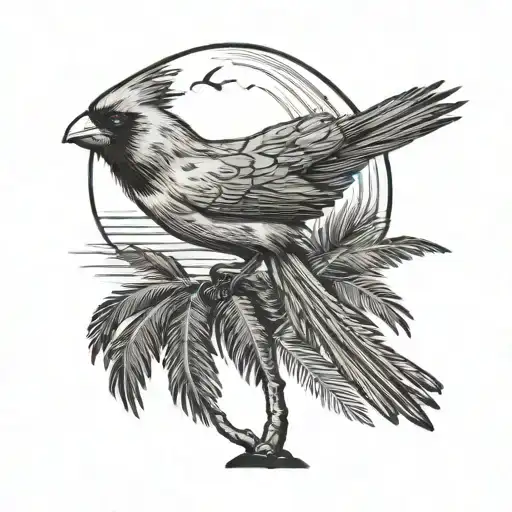 Cardinal Flying Blowing Palm Tree
