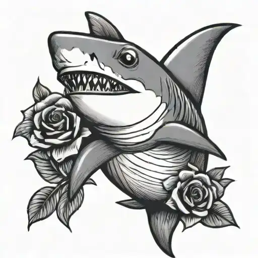 Small Cute Romantic Cartoon Shark With One Rose