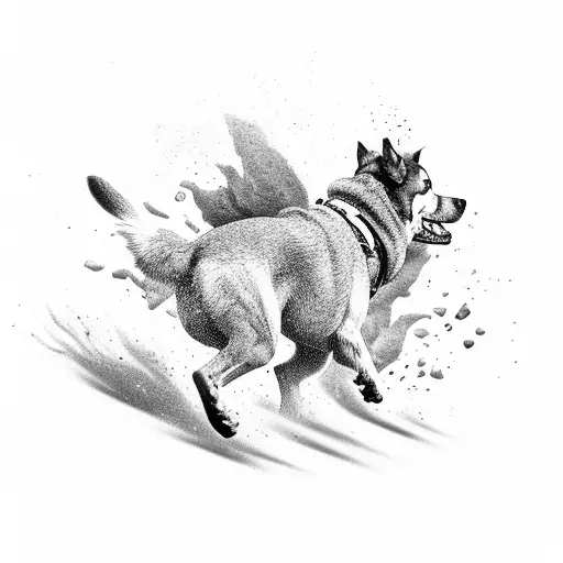 A Black-grey Tattoo Of A Dog Running Through A Mountainous Landscape