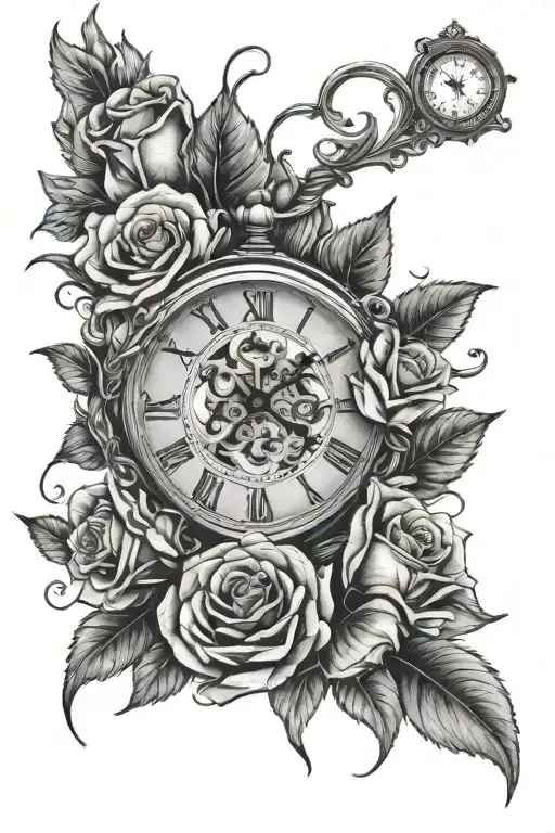 Masculine Tattoo Arm Sleeve With Roses And A Clock