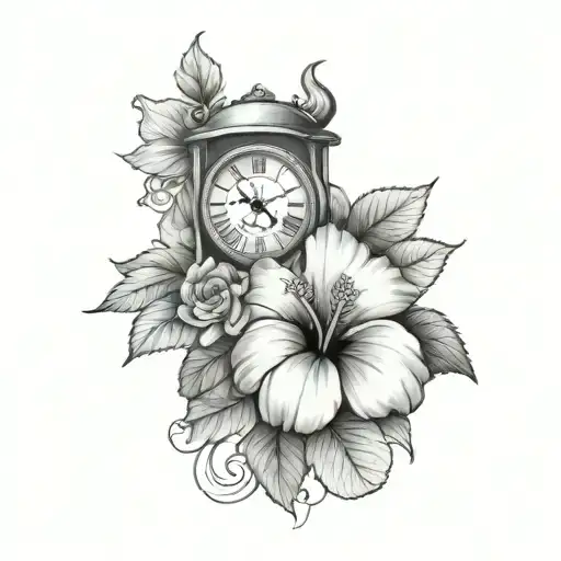 Clock And Roses Mayflowers Hibiscus