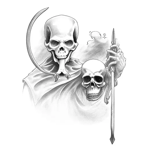 Grim Reaper Holding A Sythe With A Stone Roman Numeral Clock Behind Him