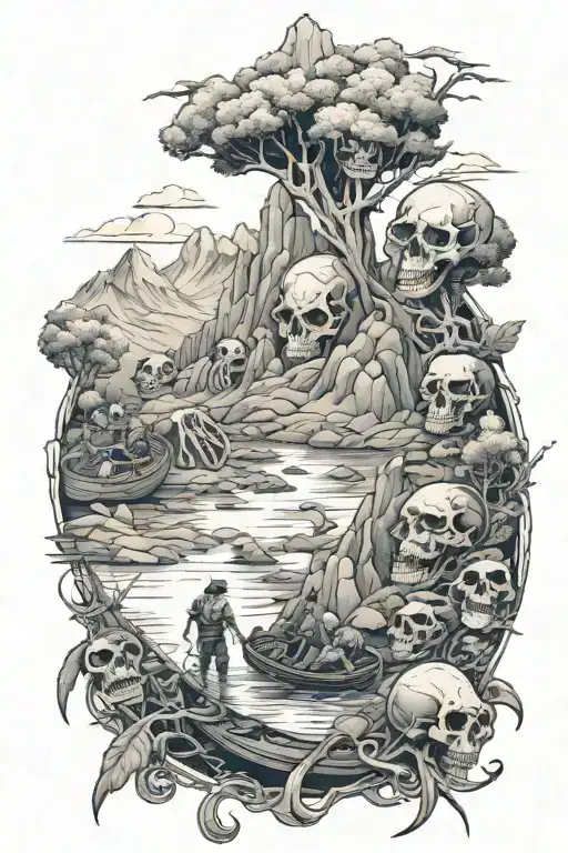 Mountains River With Animal Skeletons And A Raft Full Of Skeletons