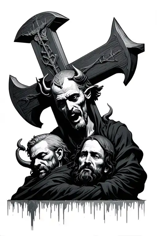 Christian Cross With Devil Imagination And Behind Them A Man With Head In Gallows