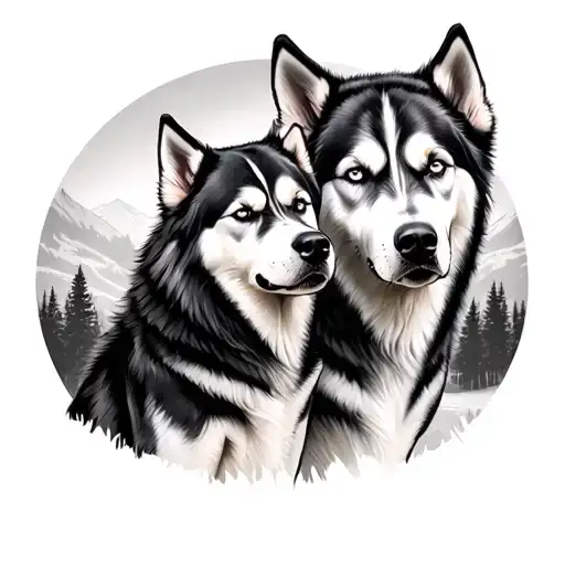 Two Husky Dog With Landscape Tattoo Featuring At The Back