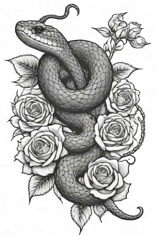 Realistic Snake And Roses With Thorns