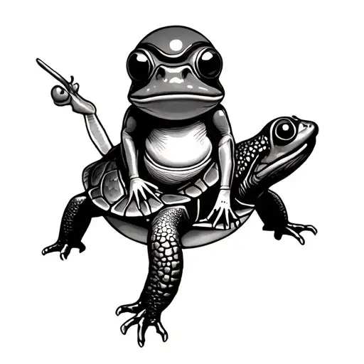 Frog With Snail Helmet Sitting On A Turtle