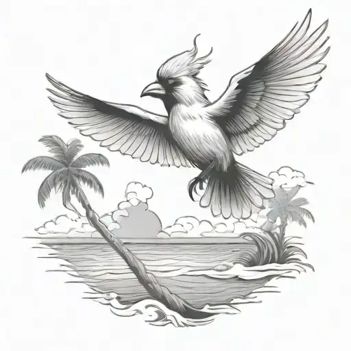 Flying Cardinal To The Ocean And Palm Tree With Storm