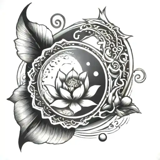 Moon Cycle With Lotus Flower And Yin Yang Sign Along With Phoenix