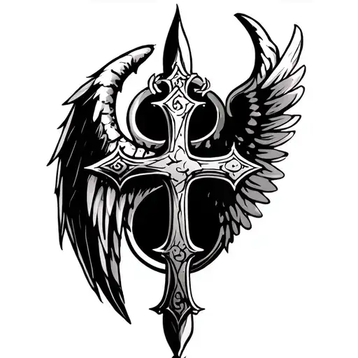 Medieval Cross With An Angel Wing On One Side And A Dragon Wing On The Other