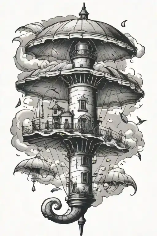 Upside Down Umbrella With Lighthouse Emerging