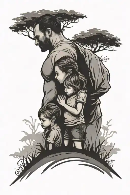 Silhouette Of Father And Two Daughters