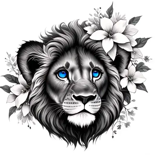 Baby Lion With Flowers And Blue Eyes Tattoo