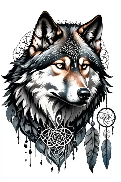 Wolf And Dream Catcher Entangled
