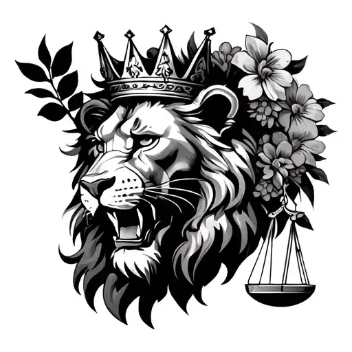 Lion With Crown And Flowers Holding A Scale Of Justice In It Teeth Looking Feirce