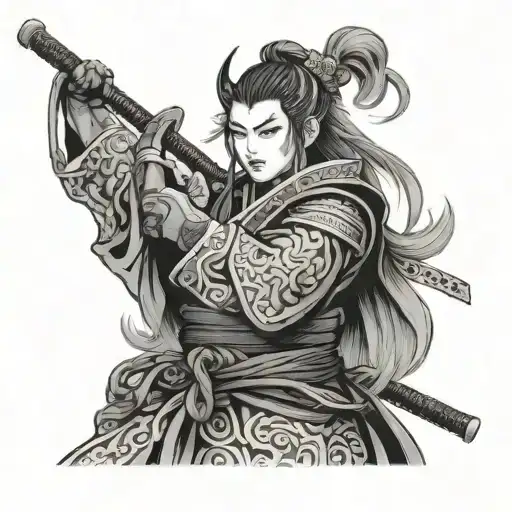 Onna-musha In Black And Grey With Gentle Happy Face And Light Hair