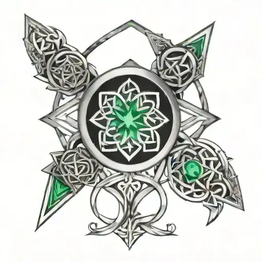 A Geometric Pattern Incorporating Raw Emeralds And Celtic Symbols