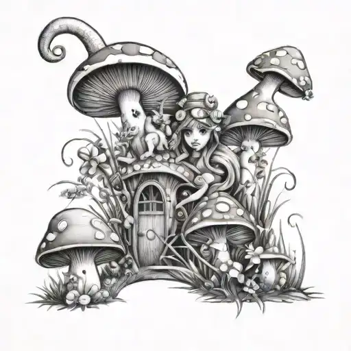 Mushrooms With 1Fairg Princess And 1 Fairy Dog And Snails And Grass