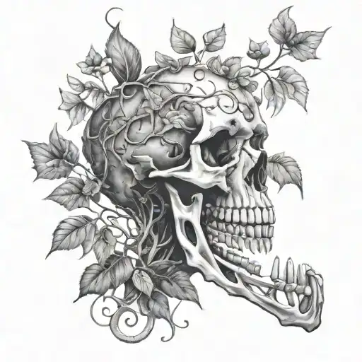 Nature Scene With Vines And Small Plants Growing Through The Bones Of An Ancient Skeleton
