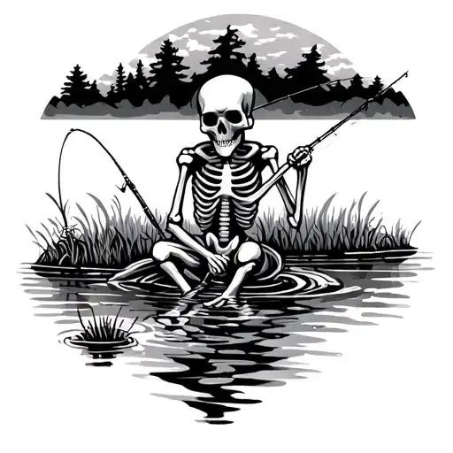 Skeleton Fishing In Small Pond Ripples