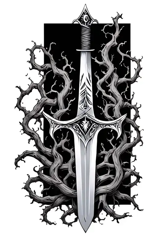 Sword With Vines Tangled Into It With Ghosts Around The Handle