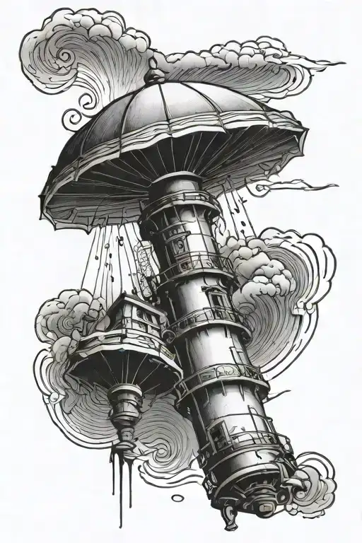 Upside Down Umbrella With Lighthouse Emerging From The Top