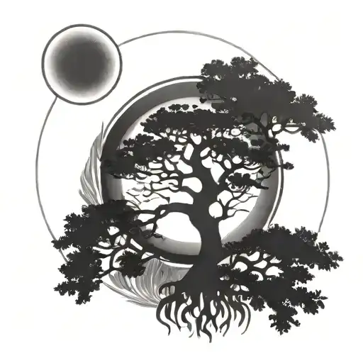 Large Acacia Tree Center With Water And Moon On Left Side And Fire And Sun On Right Side And T