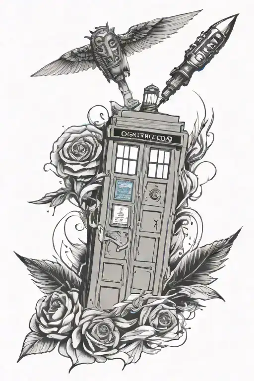 Fine Line Tattoo Based Of The Show Doctor Who With The Tardis And The 11Th Doctor Sonic Screwdriver