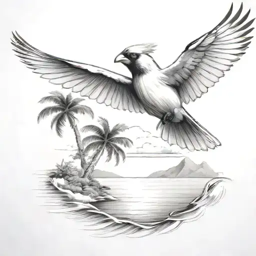 Flying Cardinal To The Ocean And Palm Tree With Clouds