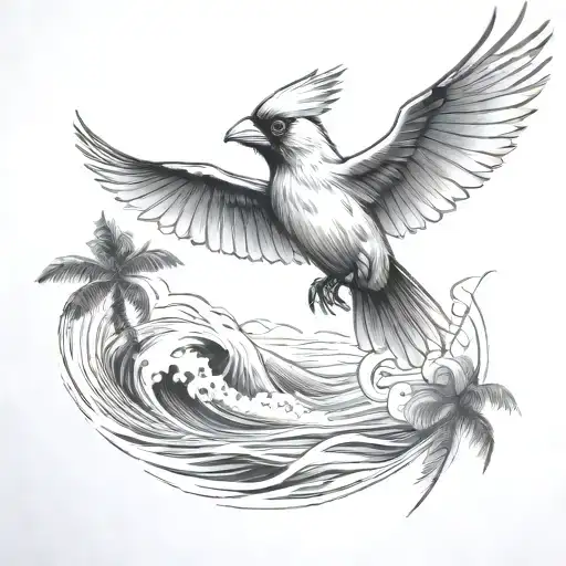 Flying Cardinal To The Ocean And Palm Tree With Waves