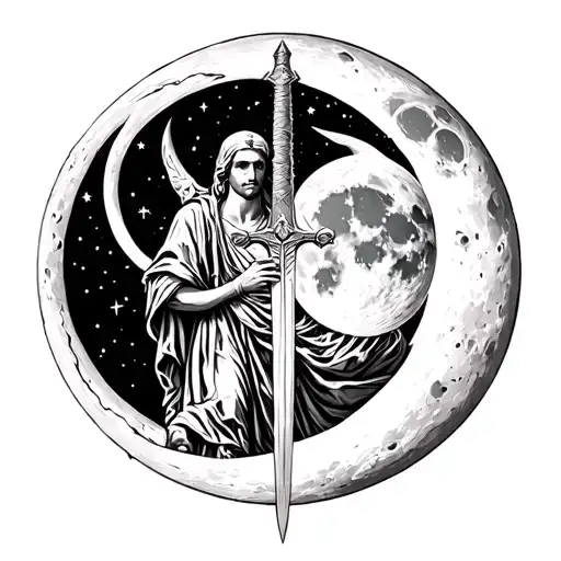 Tattoo With Atlas Holding Up The Moon And An Ancient Sword Going Through The Moon