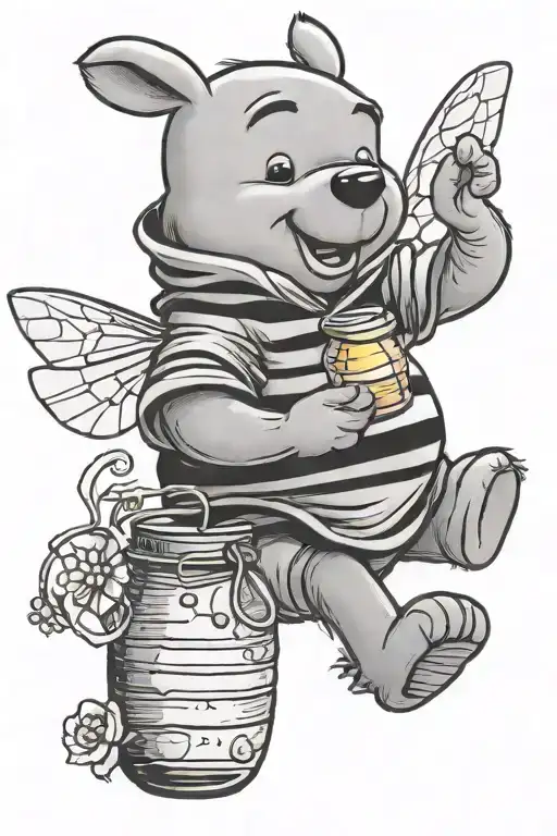 Winnie The Pooh Holding A Jar Of Honey And A Bee Flying