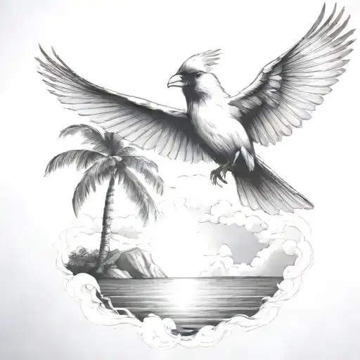 Flying Cardinal To The Ocean And Palm Tree With Clouds