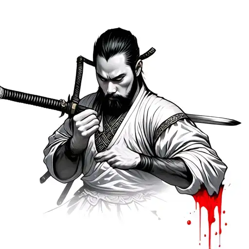 Samurai Wiping Blood Off Katana With Inside Arm