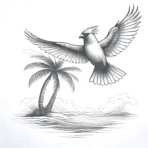 Flying Cardinal To The Ocean And Palm Tree