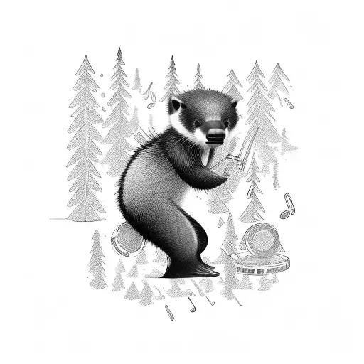 A Honeybadger Dj Spinning Records In A Forest Of Musical Notes