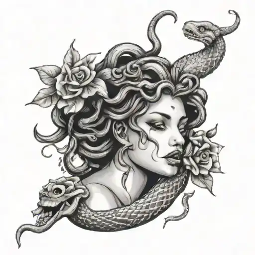A Medusa Tattoo With The Snakes Strangling Her And Flowers Coming Out Of Her Mouth