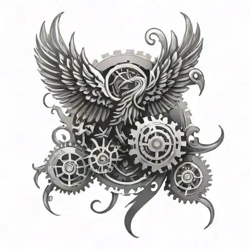 A Black And Grey Tattoo Of A Phoenix With Mechanical Gears And Music Symbols Incorporated