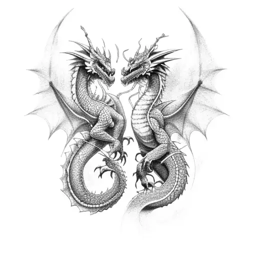 Two Dragons Black And Red Tangled Together