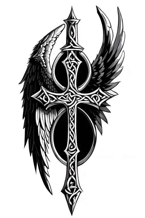 Celtic Cross With An Angel Wing On One Side And A Dragon Wing On The Other