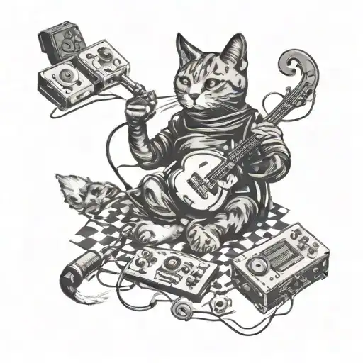 A Cat Playing A Video Game Surrounded By Musical Instruments In A Whimsical Scene
