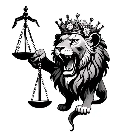 Female Lion With Crown And Flowers Holding A Scale Of Justice In It Teeth Looking Feirce