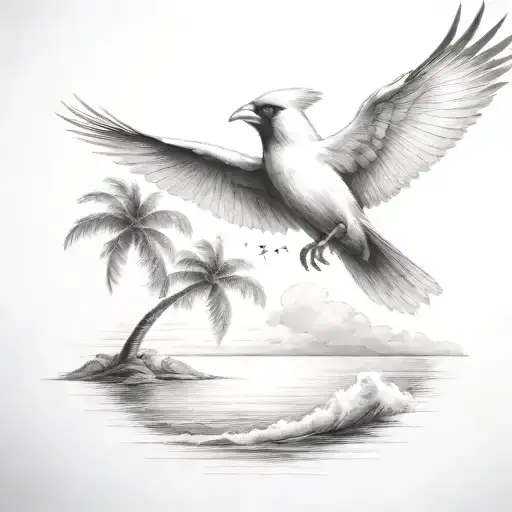 Flying Cardinal To The Ocean And Palm Tree With Clouds