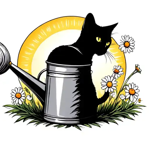 A Watering Can With A Cat Silhouette And Sun With Daisies Sprouting Out