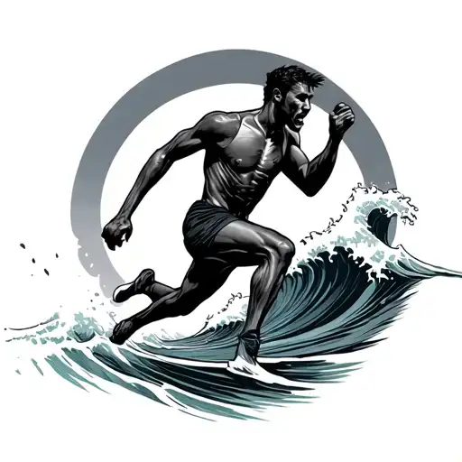 Man Run Marathon Ocean Wave And Dog