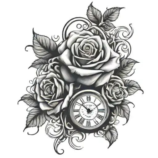 Masculine Tattoo Arm Sleeve With Roses And A Clock