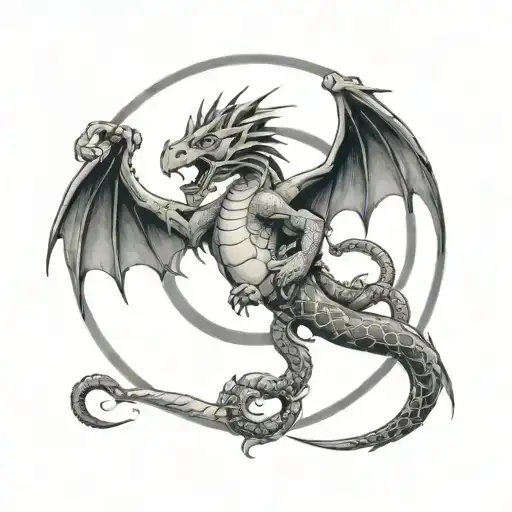 A Circle Made By A Dragon Chasing A Snake With A Monkey In The Middle Of The Circle